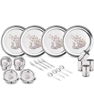 Classic Essentials Laser Printed Stainless Steel Dinner Set ( Pack of 24 ) Silver