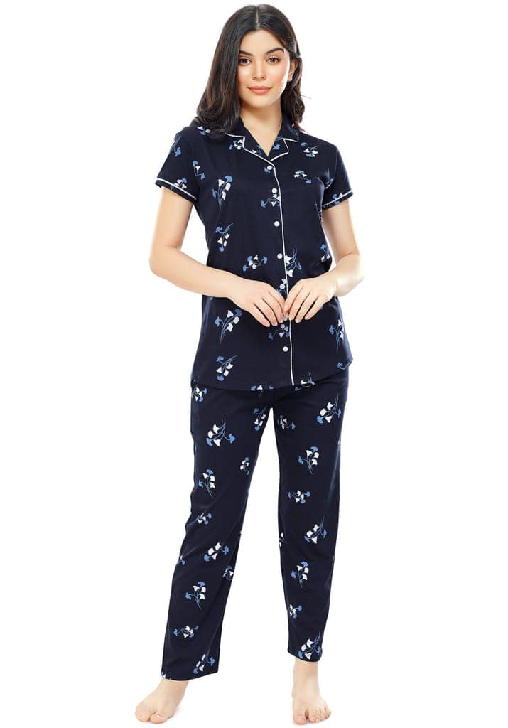 ZEYO Women's Cotton Navy Blue Floral Printed Stylish Night suit set view 5