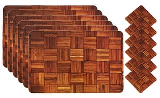 Kuber Industries Pvc Dining Table Placemat Set With Coasters Wooden Design | 6-Piece Brown