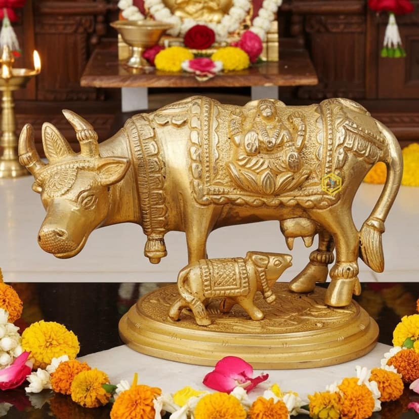 Brass Cow with Base Statue - Stable Home Decor Piece, Height : 3 Inch (BSMAS889 A)