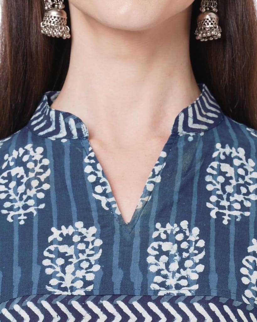 Indigo floral mirror work pure cotton kurta view 2