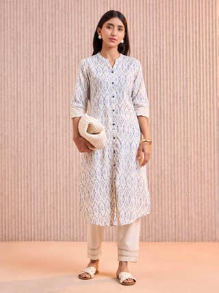 Blue Cotton Flax Printed Kurti With Lace Detailing