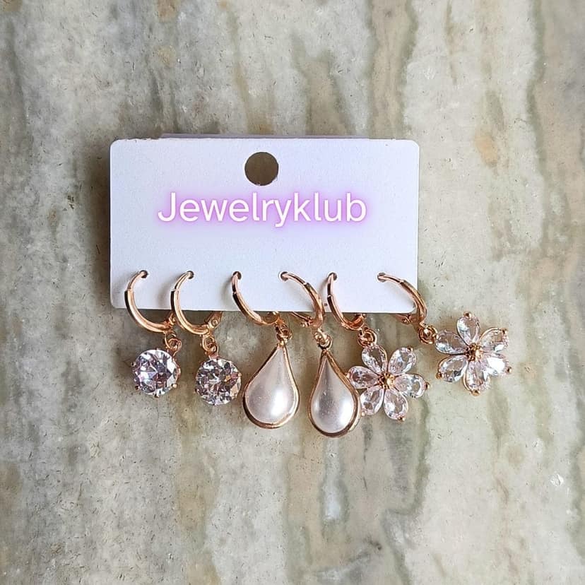 Jewelryklub Combo Of 3 Pairs Rose Gold Plated Zircon Studded AD Earrings For Girls Women Design 9 view 5