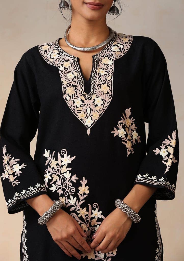HOC Crafts Aari Embroidered Woollen Solid Women's Long Kurta - Black view 2