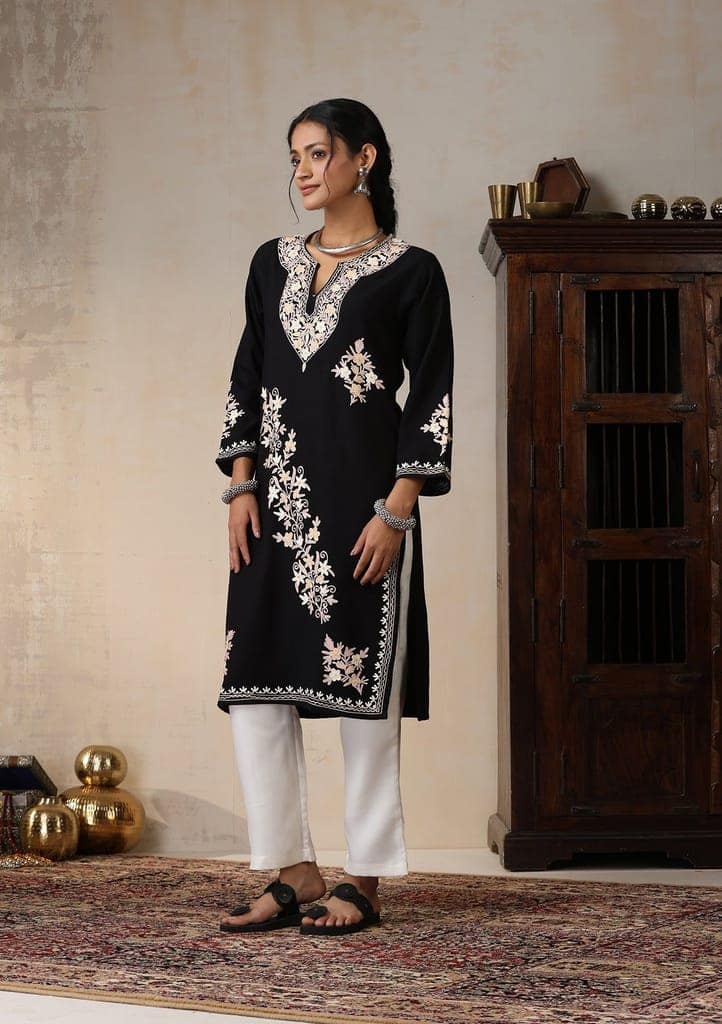 HOC Crafts Aari Embroidered Woollen Solid Women's Long Kurta - Black view 4