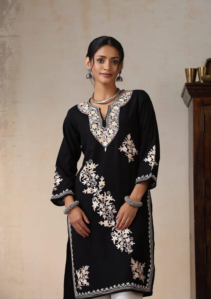 HOC Crafts Aari Embroidered Woollen Solid Women's Long Kurta - Black view 7