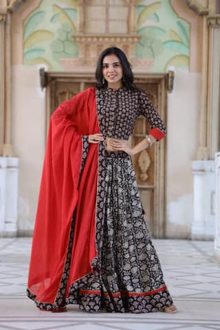 Cotton Lehanga Handblock Printed Mardi Gras Violet Color and Top With Mulmul Dupatta (Size 34-46)-4330