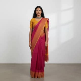 Handwoven Magenta Cotton Kanchipuram Saree with Golden Woven Border