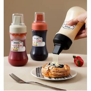 2 Pcs Squeeze Bottle Condiment Dispenser - Hot Sauce Refillable Five Hole Container With Lid - Squirt Bottle for Ketchup and Sauces