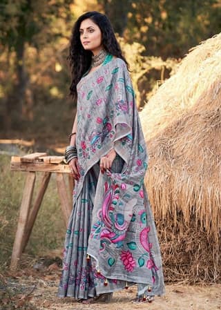 Digital Printed Cotton Saree in Grey