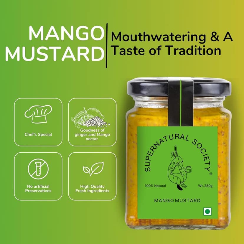Supernatural Society - Mango Mustard Sauces Chutney 280G | Mango Jelly Lemon Juice and Green Chilli, Spicy Indian Paste and Glass Pack view 3