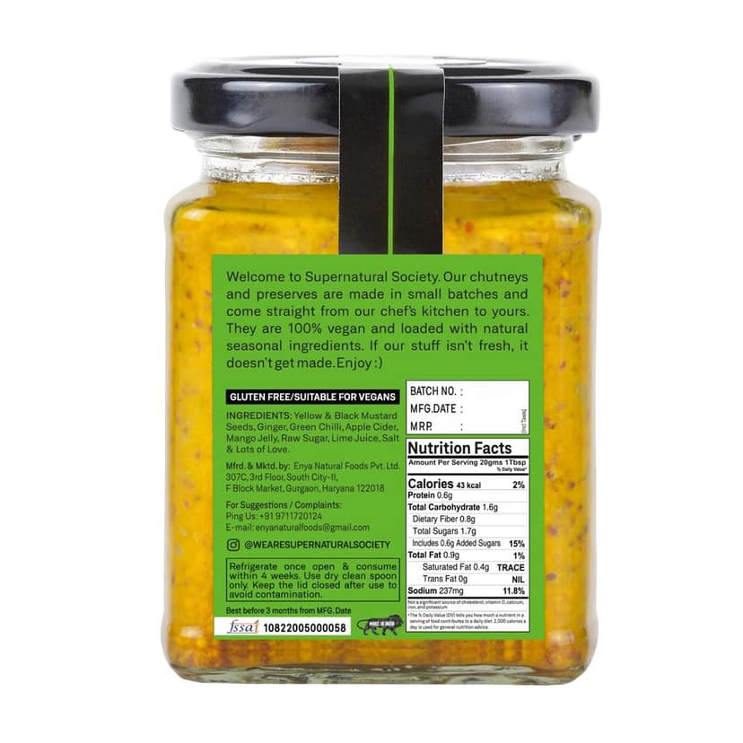 Supernatural Society - Mango Mustard Sauces Chutney 280G | Mango Jelly Lemon Juice and Green Chilli, Spicy Indian Paste and Glass Pack view 4