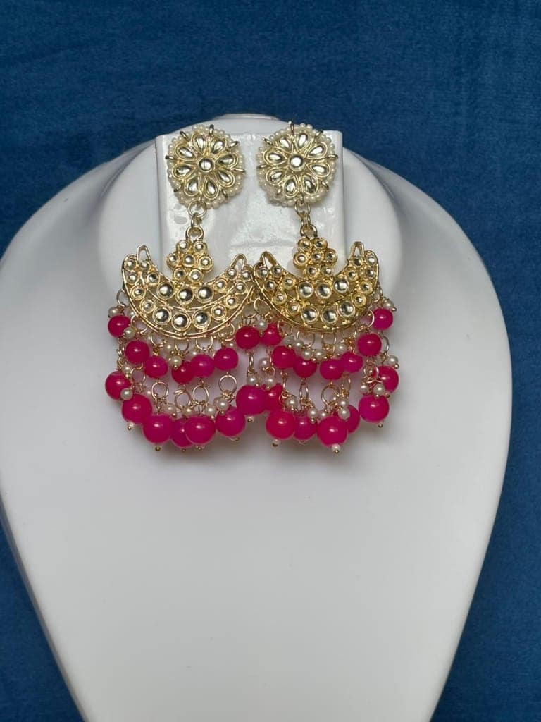 Hot Pink Moti and Kundan Pendent and Earring Set view 2