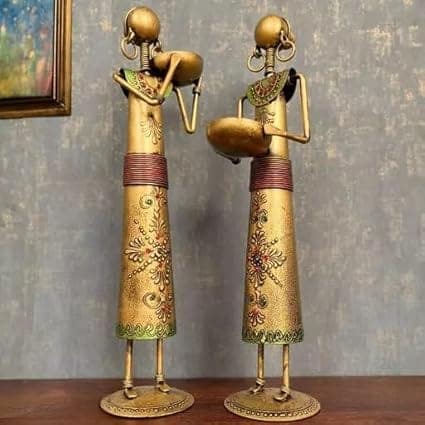 Srijan Enterprises showpieces of Tribal Lady/Ladies Doll Figurine Statue in Golden Decorative Items | Show Pieces for Home Decor Stylish Living Room Tea Light Stand (Set of 2) (Design 2)
