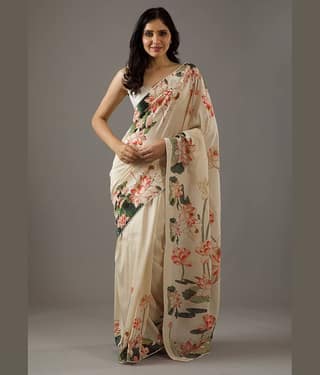 BLEESBURY Satin Printed Saree With Unstitched Blouse Piece ( Cream )
