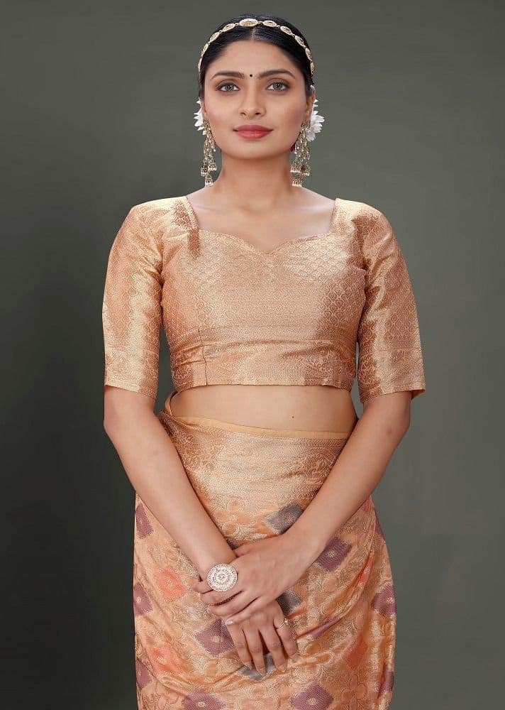 Woven Organza Saree in Peach view 2