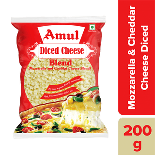 Amul Pizza Cheese Diced - Mozzarella & Cheddar Blend, 200 G Pouch