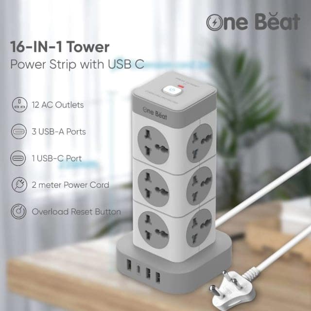 One Beat Tower Extension Boards with USB Port with Universal Sockets and USB Charging Ports with Indicatori Plug Socket (12 Socket + 3 USB + 1 Type C), 250 Volts, White view 5