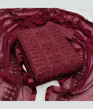 PRIHAL ART Maroon Cotton Unstitched Dress Material - Single