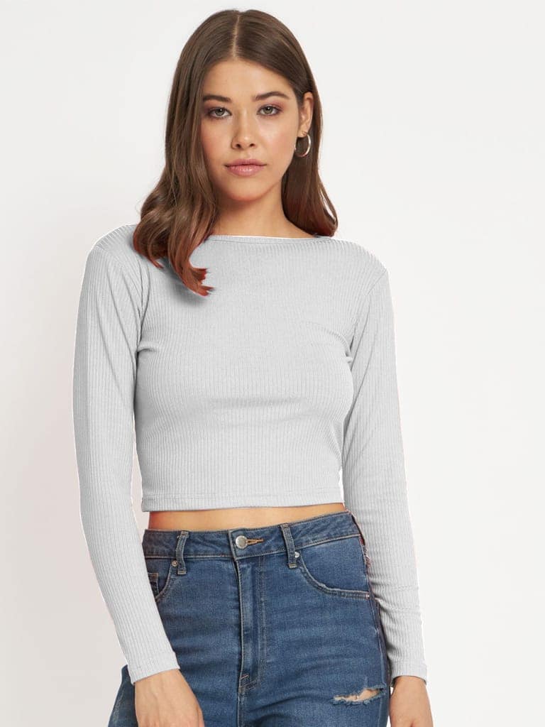 Women Silver cropped Full Sleeve T shirts view 2