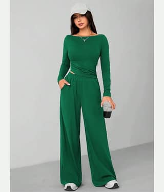 kotty Women Solid Top With Trousers Co-Ord Set ( Green )