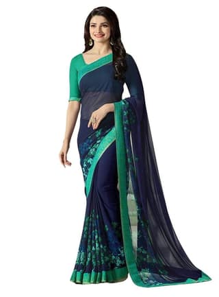 HHK Fashion Women's Printed Georgette 5.5 Meter Saree with Unstitched Blouse Piece