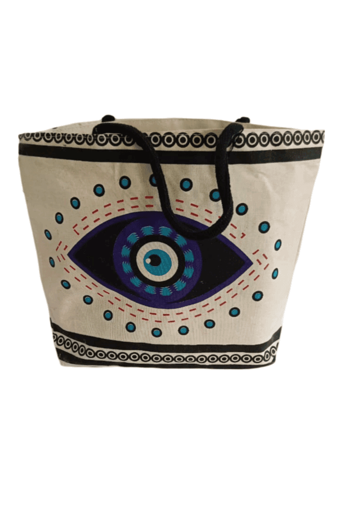 Evil Eye Canvas Tote Bag - Beige with Blue & Purple Design