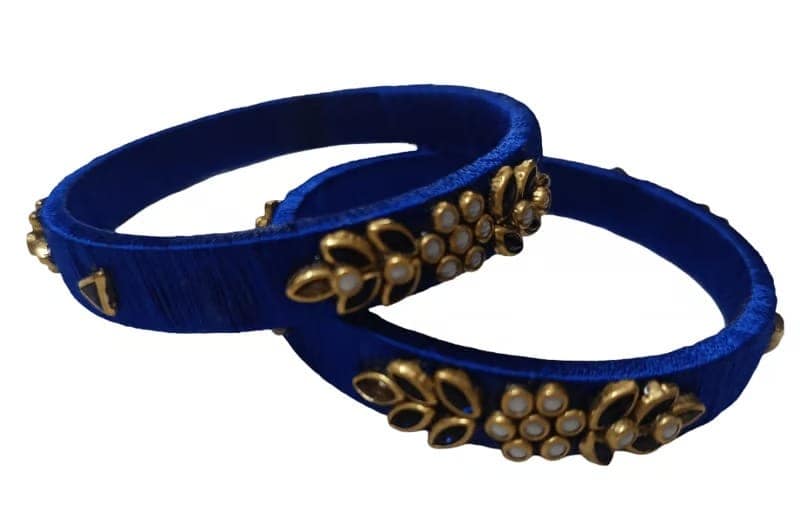 Royal Blue Silk Thread Bangles with Gold Plated Floral Kundan Stone Work view 2