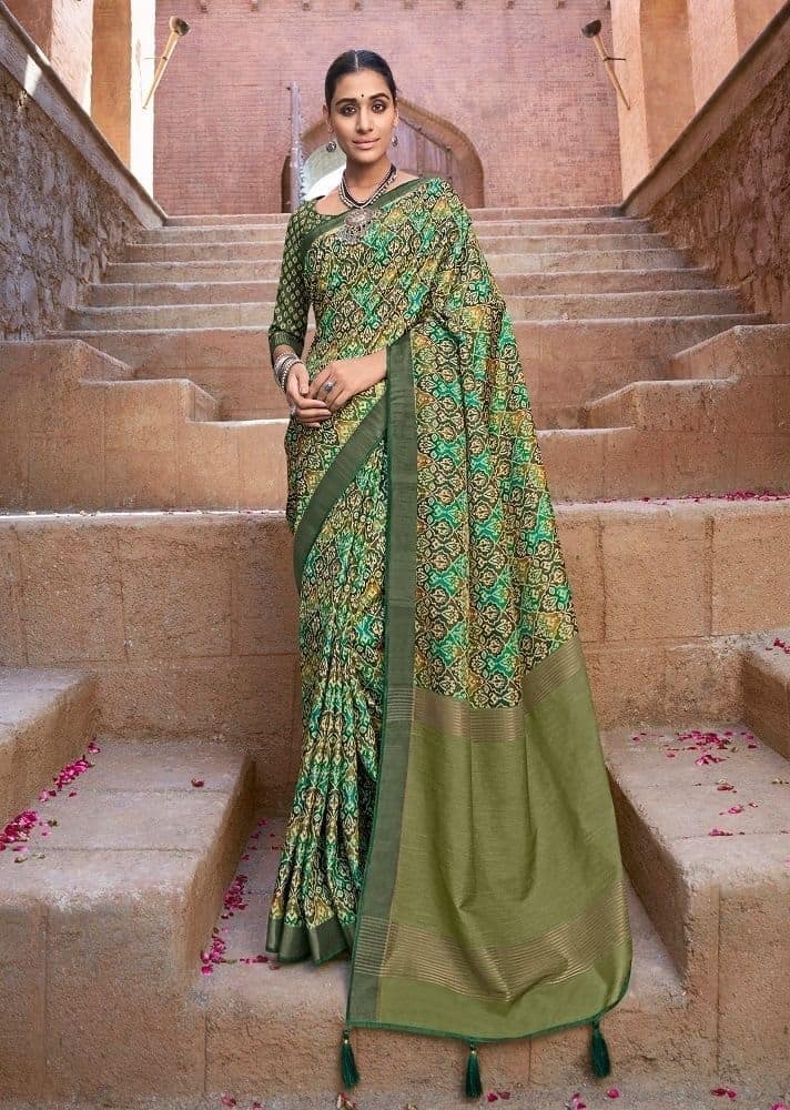 Digital Printed Art Silk Saree in Green