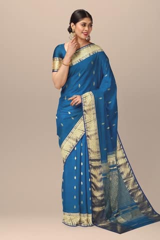 Peacock Blue Color Traditional Buti Print Handwoven Maheshwari Silk With Golden Zari Border and Heavy Zari Palla Saree SKU- BS10091
