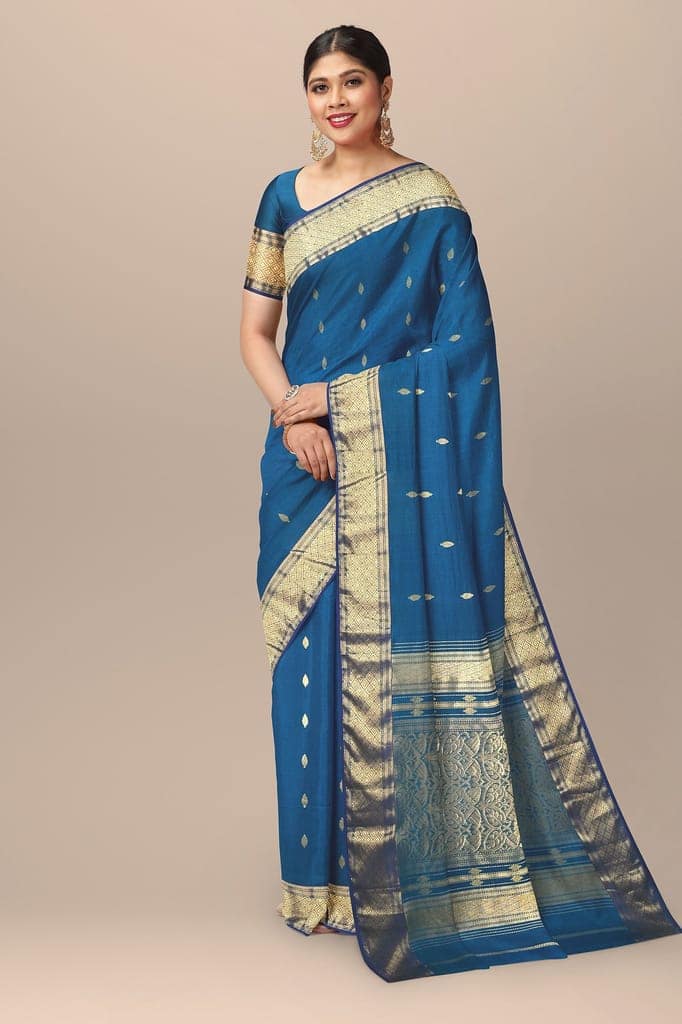 Peacock Blue Color Traditional Buti Print Handwoven Maheshwari Silk With Golden Zari Border and Heavy Zari Palla Saree SKU- BS10091 view 2