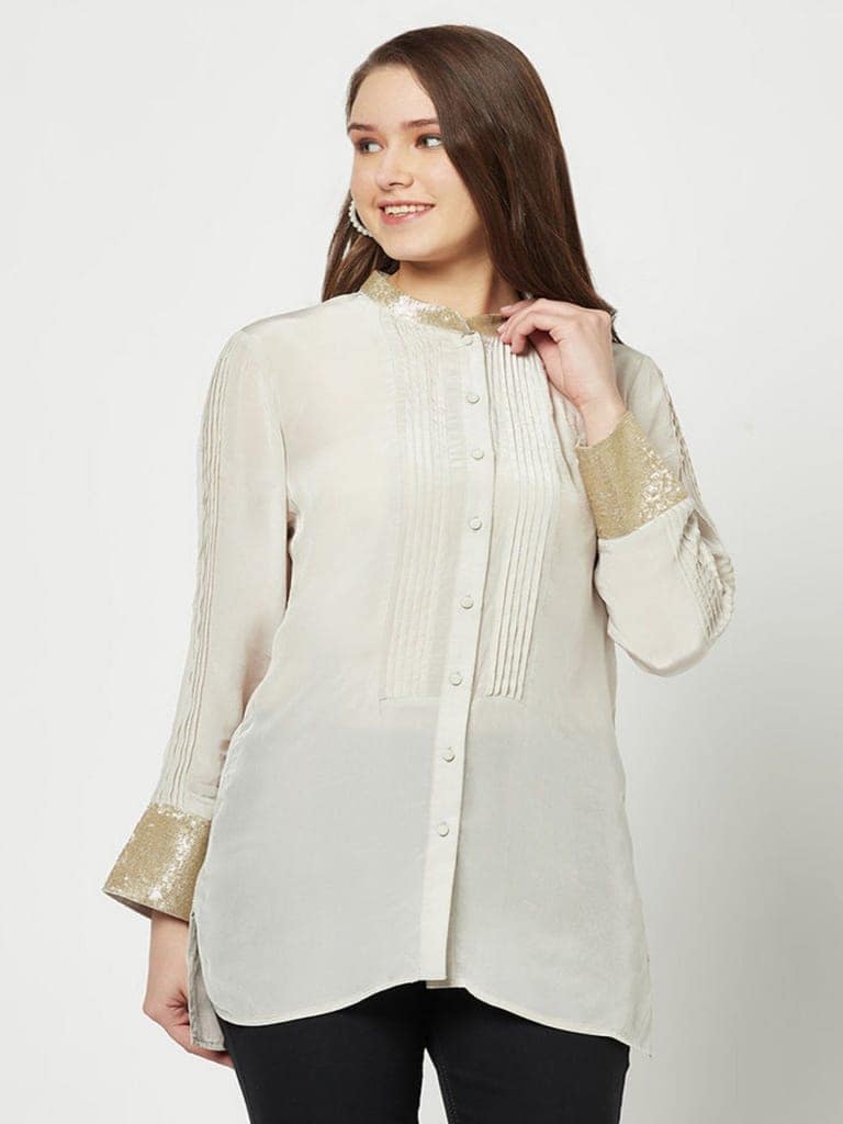 Grey Embellished Silk Shirt view 2