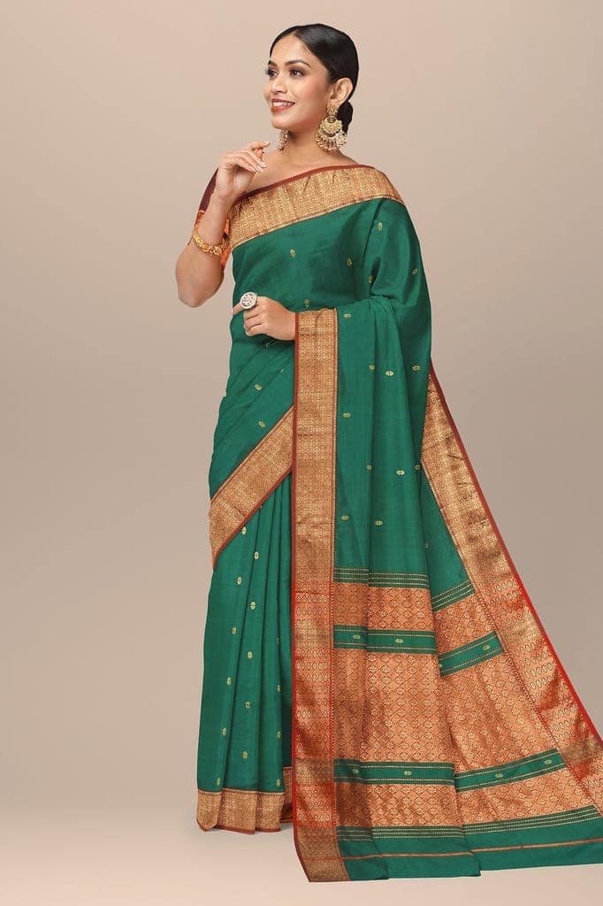 Bottle Green Handwoven Mulberry Sausar Silk With Rui Buti And Zari Border Saree Saree SKU-BS10150 view 2