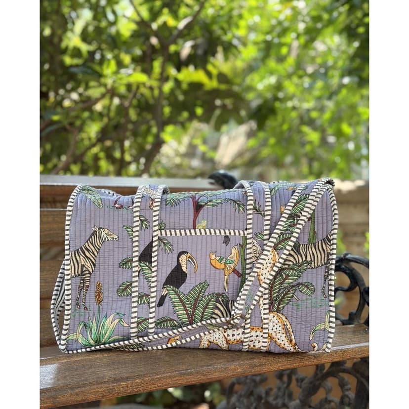 Urban Safari Edit Block Print Quilted Cotton Weekender Duffle Bag With Sling Belt Light Blue 18''X18" view 3