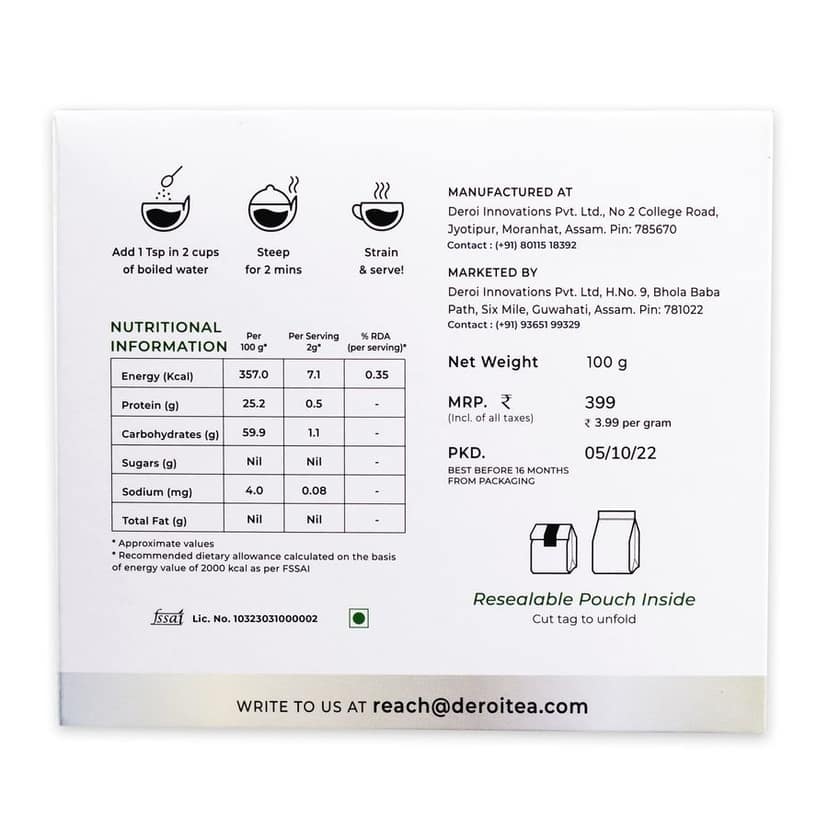 DEROI TEA Assam Lush Green Tea | CARBON-FREE DRIED TEA | 100% Natural Whole Leaf | Assam Tea | 1Bud & 2 Leaves| BITTERLESS | Antioxidant Rich - 100 gm - 100 gms Whole Leaf Green Tea - 60 Cups view 2
