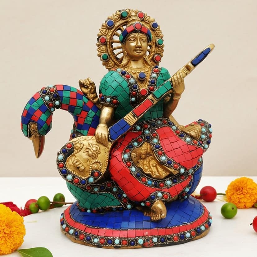 Brass Saraswati Statue - Handcrafted Home Decor Idol, Height : 12 Inch (BSMAS522) view 2