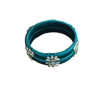 Elegant Dark Teal Silk Thread Bangles with Floral Stone Embellishments (Set of 2)