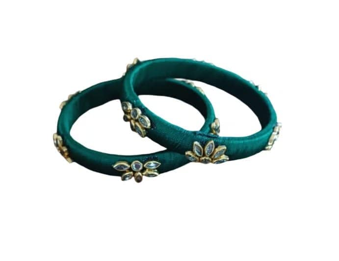 Elegant Dark Teal Silk Thread Bangles with Floral Stone Embellishments (Set of 2) view 2