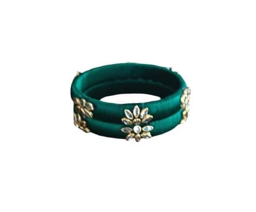Elegant Dark Teal Silk Thread Bangles with Floral Stone Embellishments (Set of 2) view 3