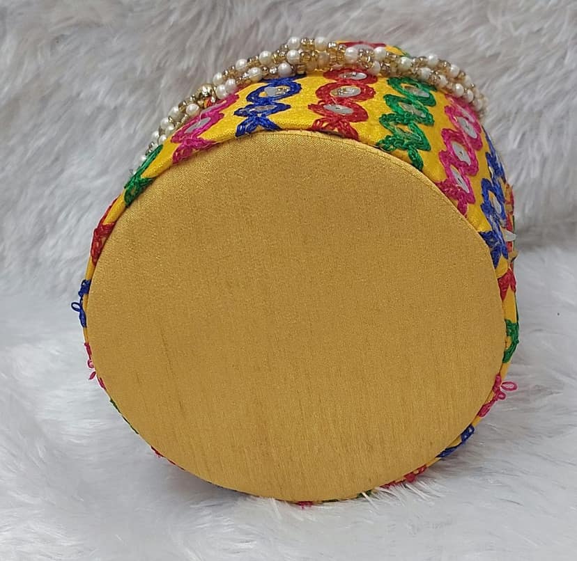 Vibrant Yellow Embroidered Potli Bag with Sequin & Pearl Handle view 2