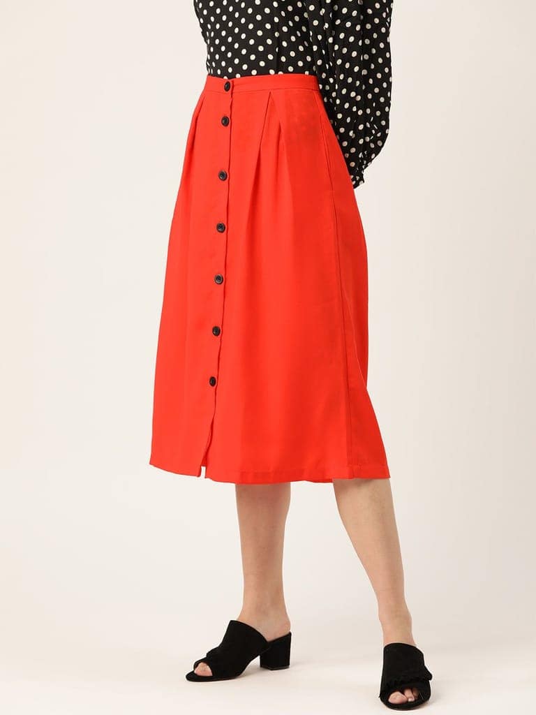 Women Red Solid Midi A-line Skirt view 2