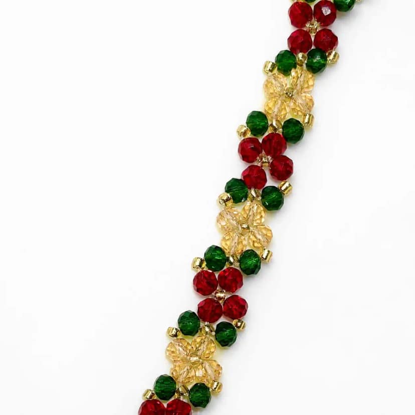 Handmade Beaded Crystal Flower Bracelete Red, Emerald Green & Champagne Sparkle view 4