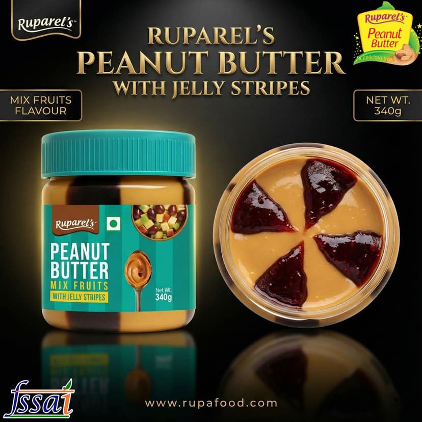 Ruparel’s Peanut Butter with Mix fruits Jelly Stripes 340g | Protein Rich Healthy Nut Butter | Creamy jam Breakfast Spread for Gym & Family Kids | Vegetarian