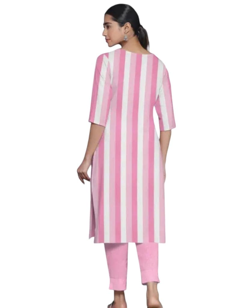 Women's Pink Striped Kurta with Pant Set view 3