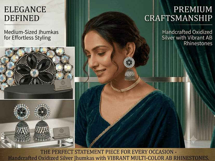 Handcrafted Oxidized Silver Jhumka Earrings with AB Rhinestones view 2
