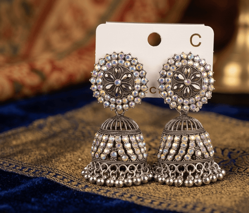 Handcrafted Oxidized Silver Jhumka Earrings with AB Rhinestones view 4