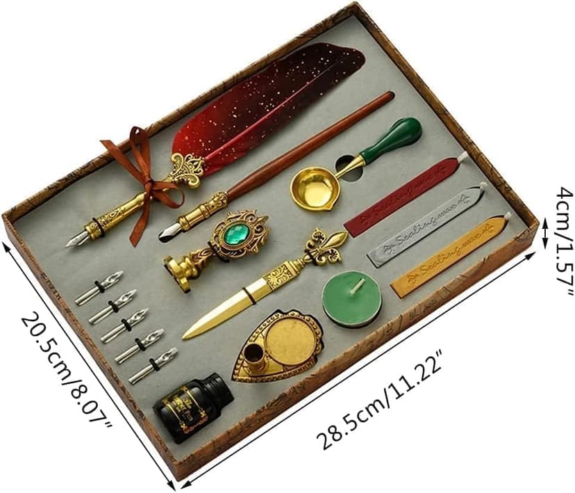 Quill Pen and Ink Set, Calligraphy Feather Pen with Wax Seal Stamp, Includes Feather Dip Pen, Ink, 5 Replacement Nibs, 3 Wax Seal Sticks,Pen Nib Base,Seal Stamp, White Wax,Spoon (red) view 2