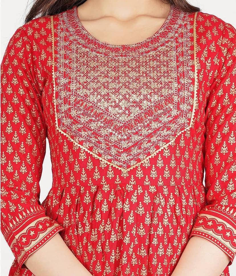 Jaipuri Collection - Red Rayon Women's Flared Kurti ( Pack of 1 ) view 2