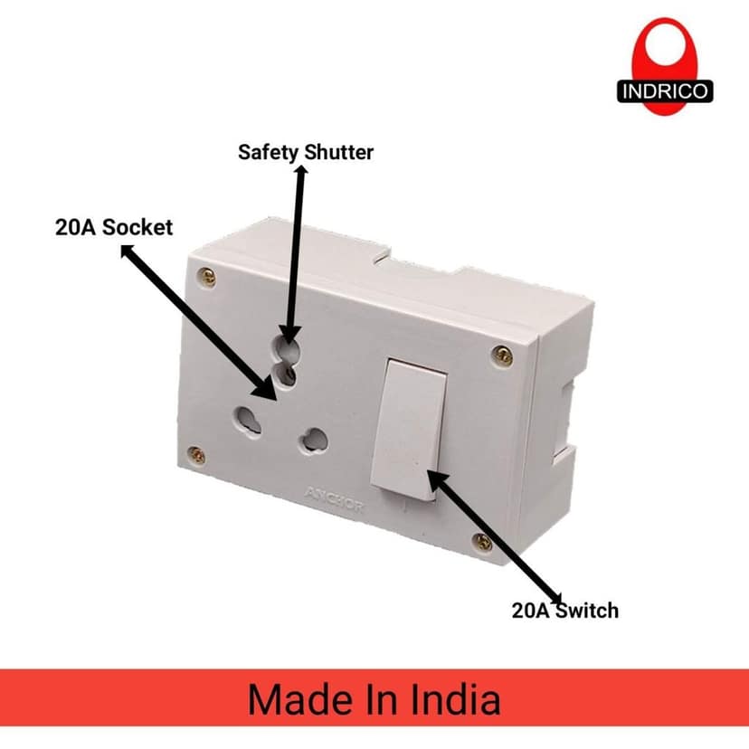 INDRICO? 20A Power Extension Board with 2 Meter Heavy Duty Wire for Microwave, Induction Cooker, Fridge, Washing Machine, 1 Ton A.C, Anchor Switch & Socket & Plug (White) view 2
