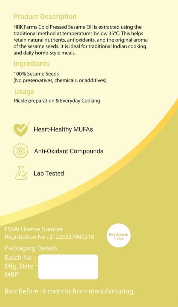 Wood Pressed Sesame Oil (Cold Pressed | Chemical-Free | HRK Farms) view 4